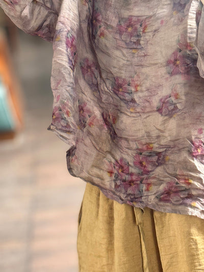 Spring Loose Casual Asymmetric Floral Printed Ramie Blouse