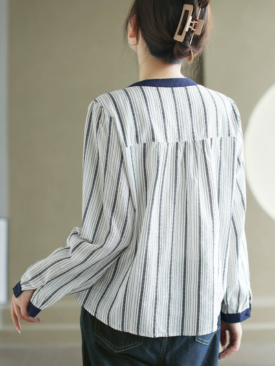 Babakud Autumn Cotton Striped Round Neck Patchwork Shirt