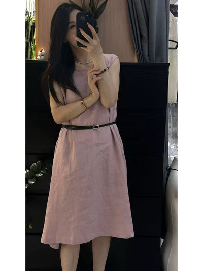 Summer Vintage Linen Casual Round Neck Sleeveless Dress