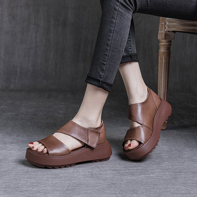 Summer Retro Genuine Leather Open Toe Thick Soft Flat Sandals
