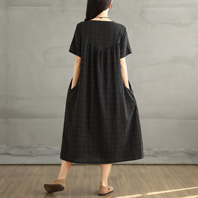 Women Summer Cotton Linen Round Neck Plaid Dress
