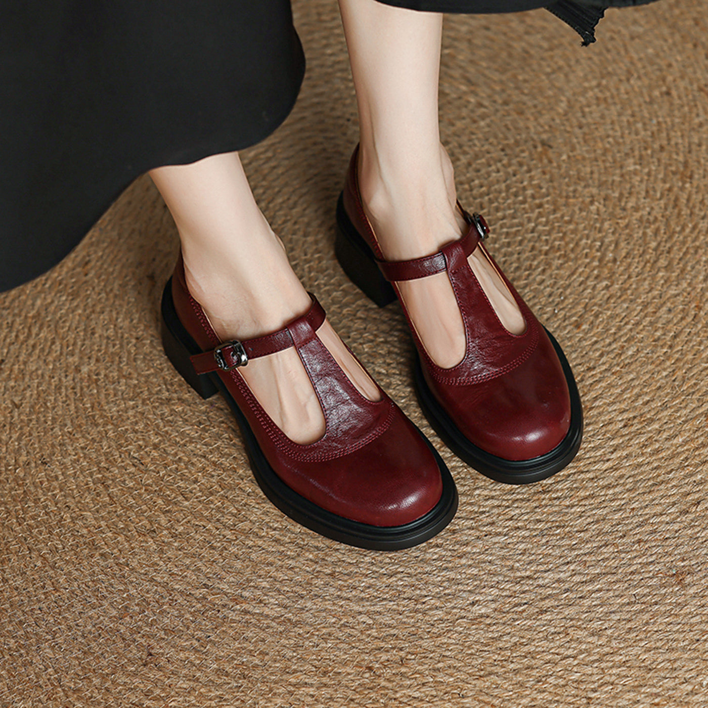 Retro Sheepskin Leather Round Toe One Straped Chunky Shoes