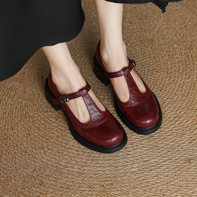 Retro Sheepskin Leather Round Toe One Straped Chunky Shoes