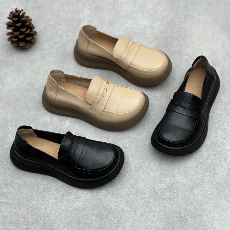 Women Retro Comfy Soft Platform Genuine Leather Slip-Ons