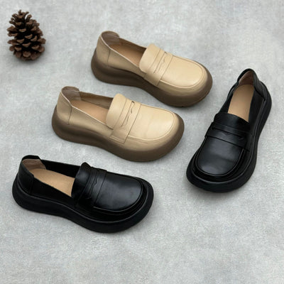 Women Retro Comfy Soft Platform Genuine Leather Slip-Ons