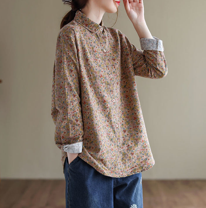Women Spring Retro Floral Long-Sleeved Cotton Linen Shirts