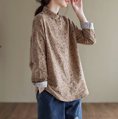 Women Spring Retro Floral Long-Sleeved Cotton Linen Shirts