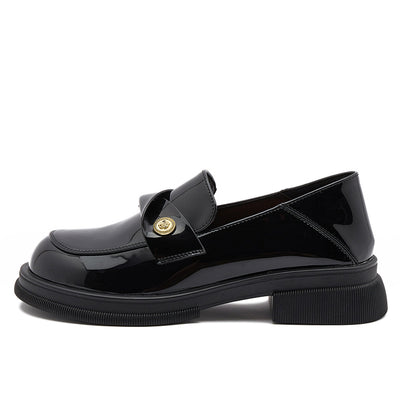 Black Fashion Genuine Leather Wide Toe Loafers for Women