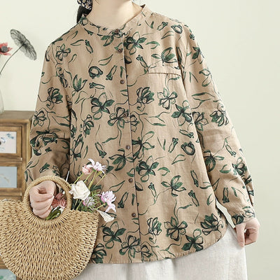 Women Spring Vintage Printed Floral Ramie Blouse