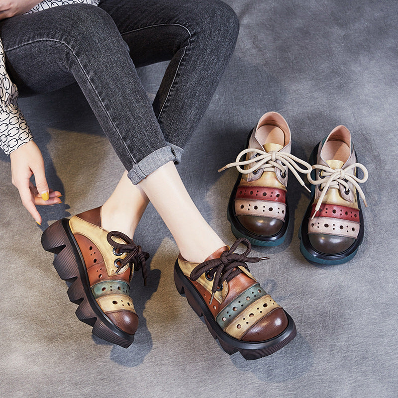 Women Color Block Platform Retro Perforated Leather Casual Shoes