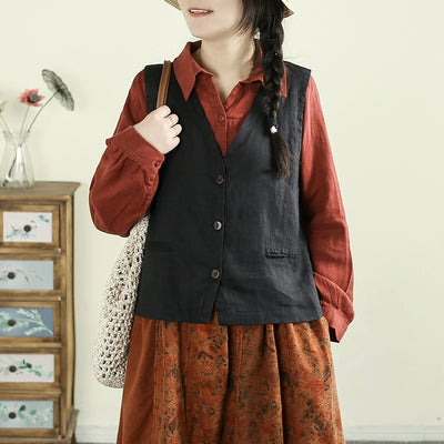 Women Spring Artistic Solid Color Linen V-Neck Vest
