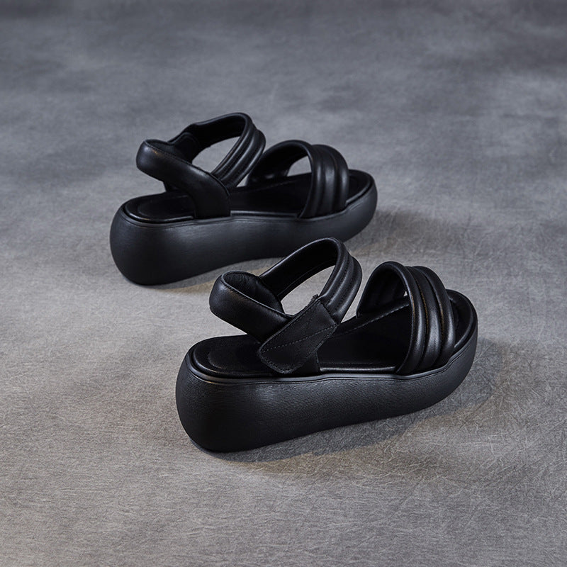 Women Summer Casual Leather Soft Platform Sole Velcro Sandals