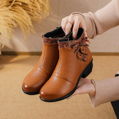 Retro Leather Patchwork Chunky Versatile Zipper Ankle Boots