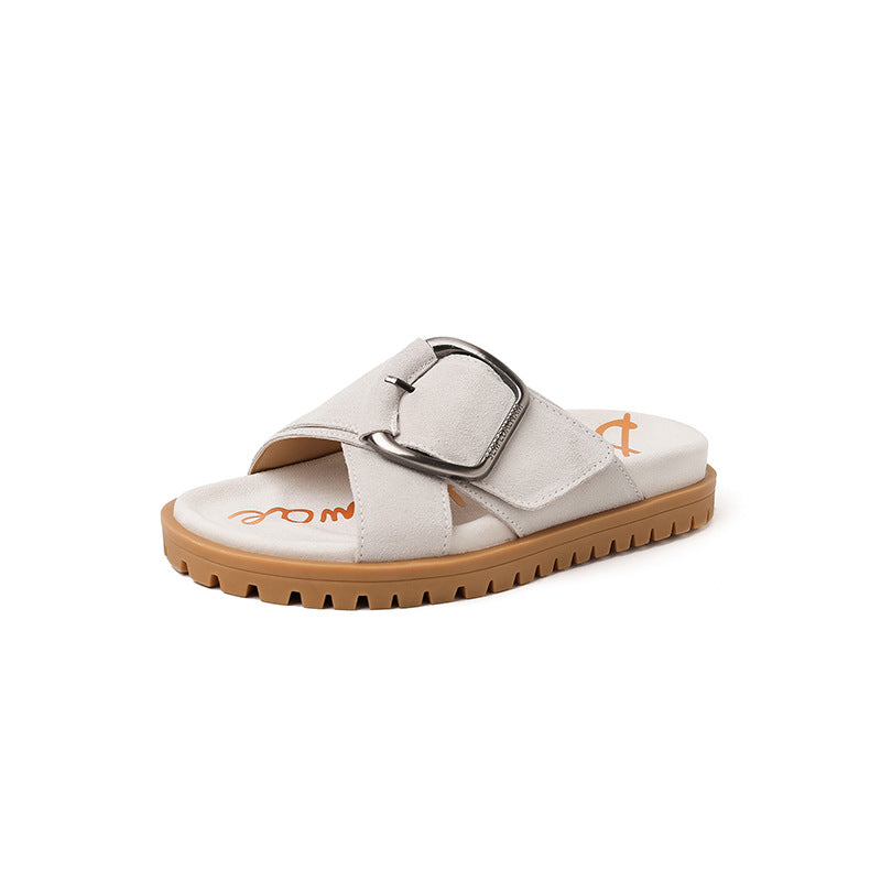 Women Summer Leather Suede Flat Sole Crossover Strap Slides