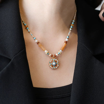 Women Vintage Natural Stone Agate 18K Gold Necklace