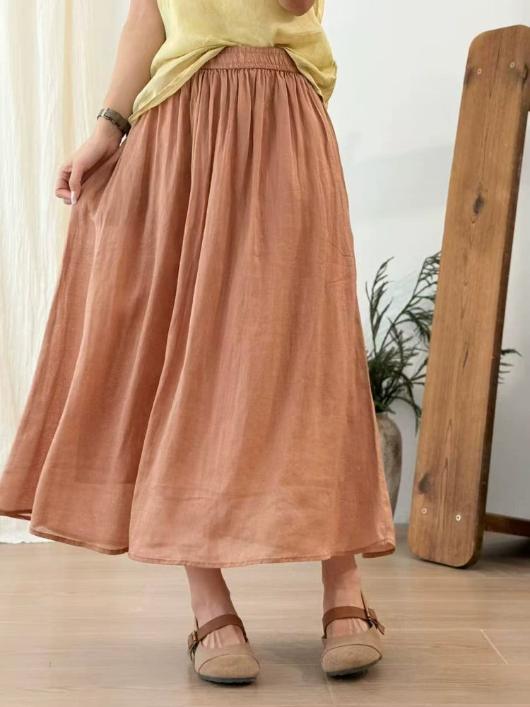 Summer Retro Ramie Elastic Waist Loose Solid Color Skirt