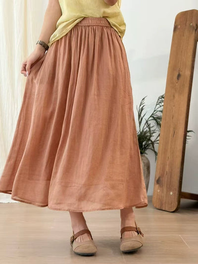 Summer Retro Ramie Elastic Waist Loose Solid Color Skirt