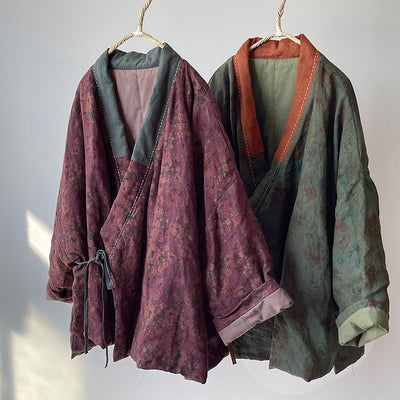 Women Vintage Floral Printed Warm Padded Linen Coats