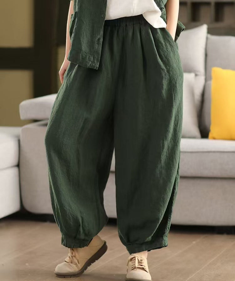 Ladies Spring Loose Vintage Washed Solid Linen Harem Pants
