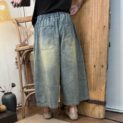 Women Spring Retro Casual Straight-Leg Acid-Washed Cropped Jeans