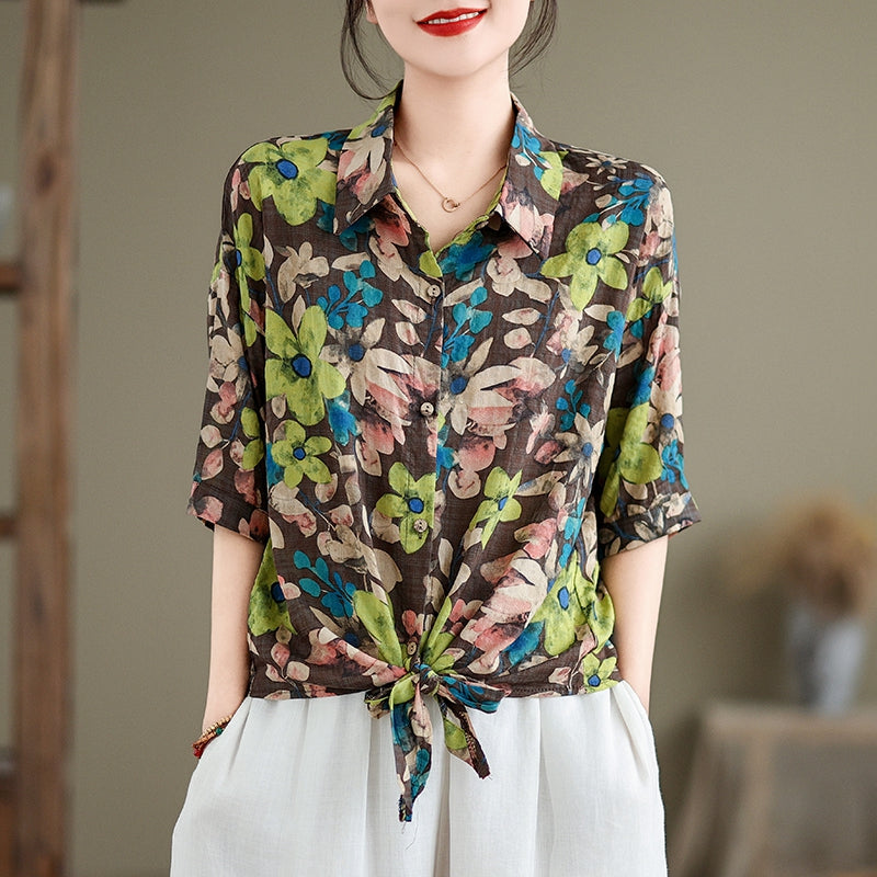 Women Summer Retro Cotton-Linen Printed Casual Loose Blouse