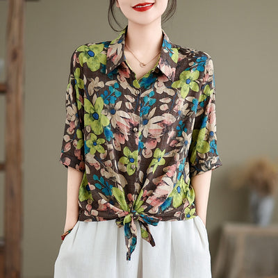Women Summer Retro Cotton-Linen Printed Casual Loose Blouse