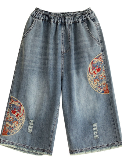 Women Summer Denim Embroidered Casual Loose Shorts