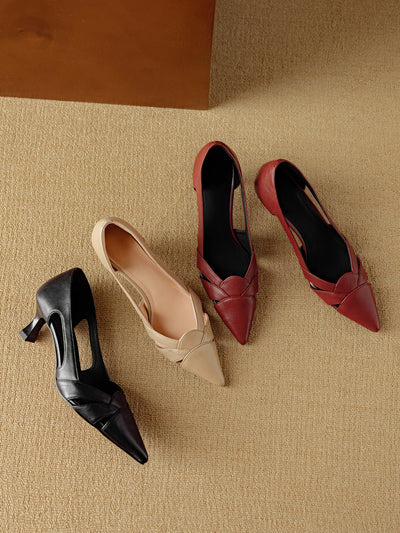 Elegant Sheepskin Leather Pointed Toe Cut Out High Heels