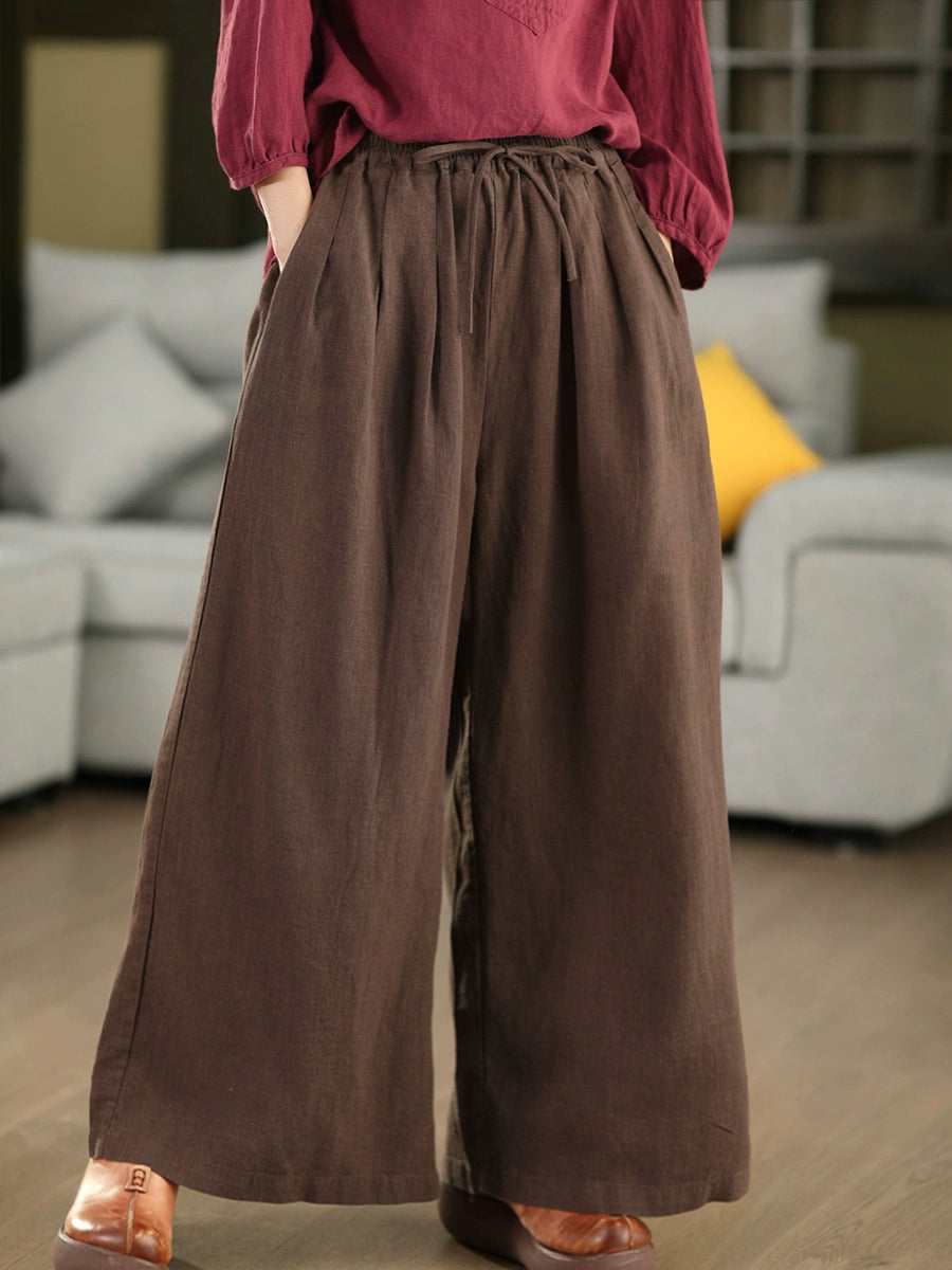 Autumn Retro Ramie Loose Elastic Waist Lace-Up Pants
