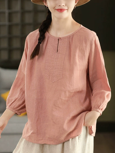 Autumn Retro Linen Round Neck Puff Sleeve Loose Shirt