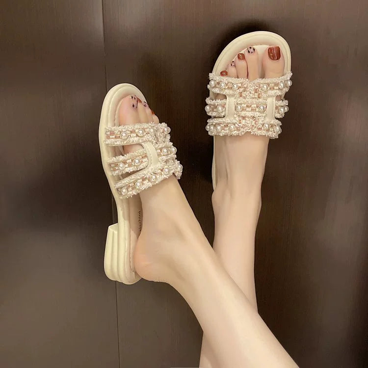 Women Summer Elegant PU Pearl Soft Sole Open Toe Shoes