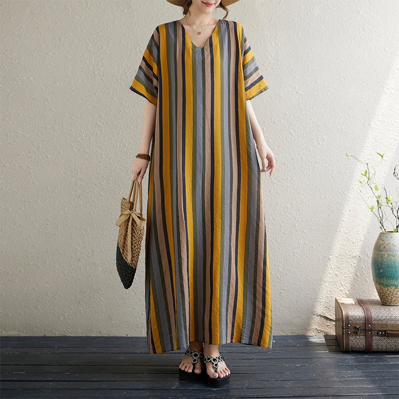 Spring Cotton Linen Stripe Loose Casual V- Neck Dress