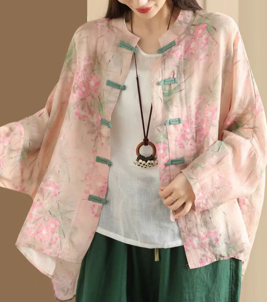 Ladies Vintage Printed Ramie Shirt Chinese Style Elegant Jacket