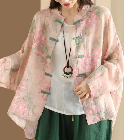 Ladies Vintage Printed Ramie Shirt Chinese Style Elegant Jacket