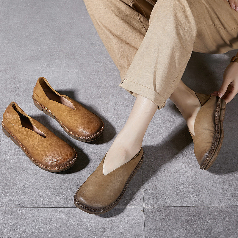 Women Retro Handmade Genuine Leather Soft Sole Slip-Ons