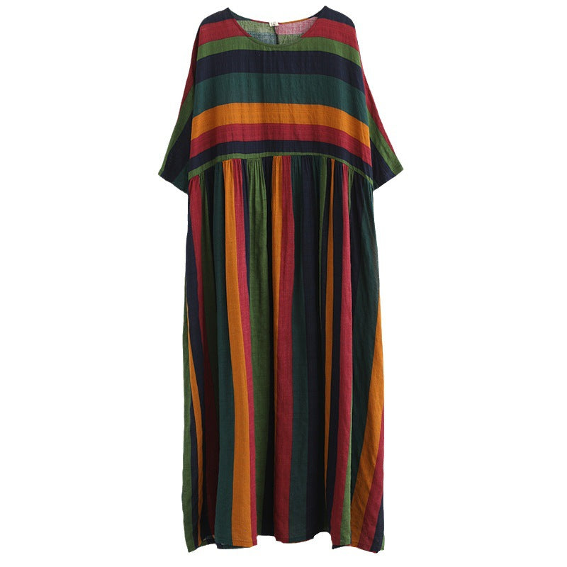 Women Retro Cotton Linen Striped Patchwork Round Neck Dress