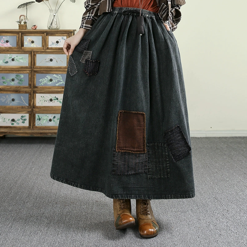 Women Spring Washed Vintage Patchwork Denim A-Line Skirt