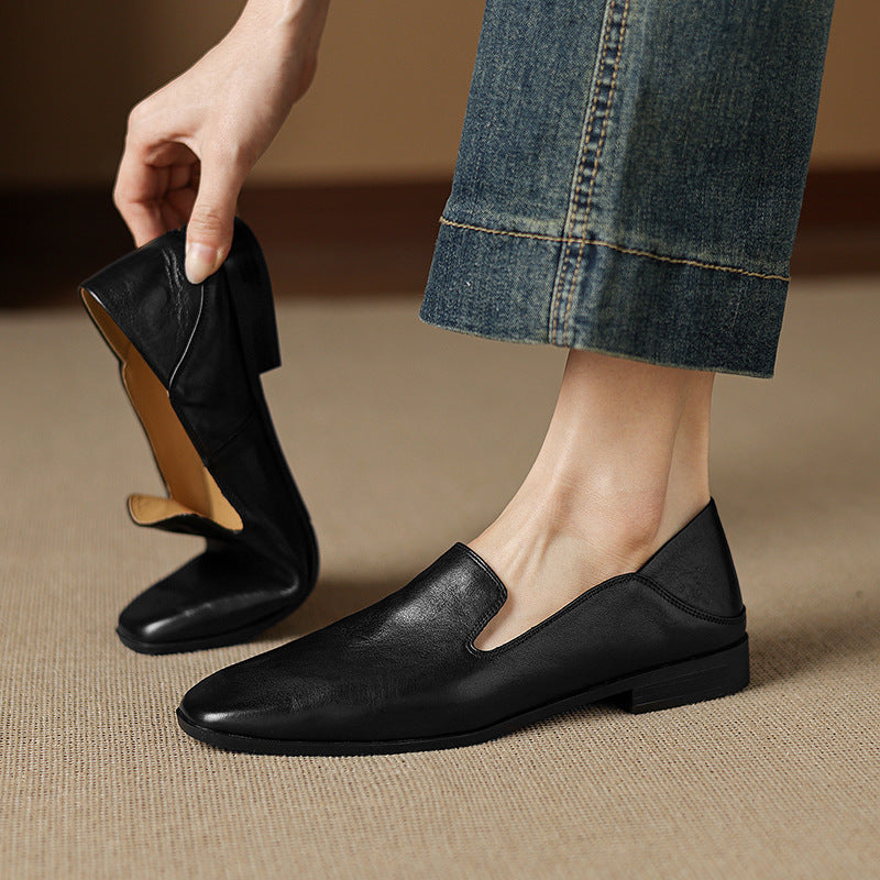 Retro Leather Shallow Square Toe Soft Sole Loafer Shoes
