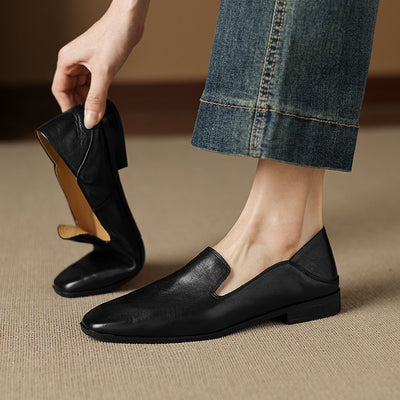 Retro Leather Shallow Square Toe Soft Sole Loafer Shoes