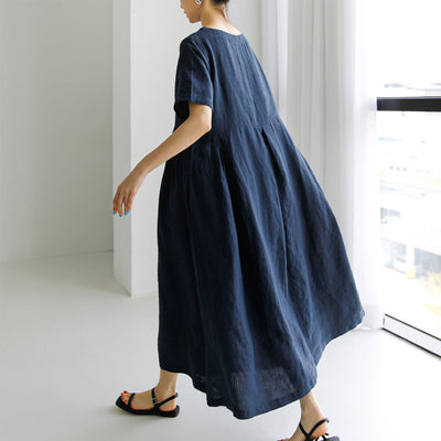 Ladies Solid Color Casual Loose Cotton Linen A-Line Dresses