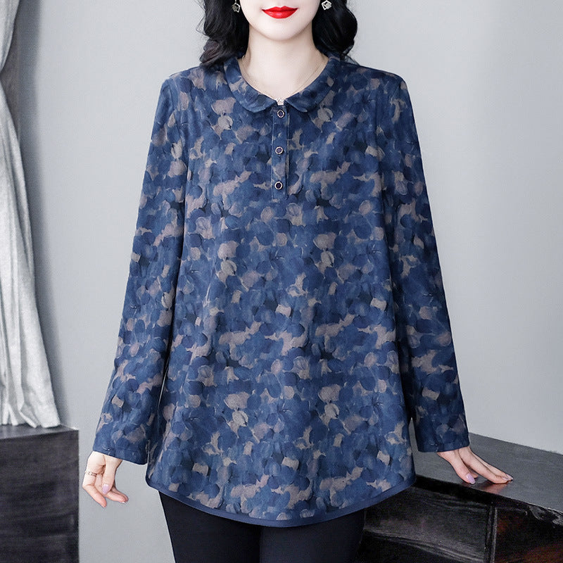 Plus Size Loose Elegant Floral Printed Cotton Women Polo Shirt