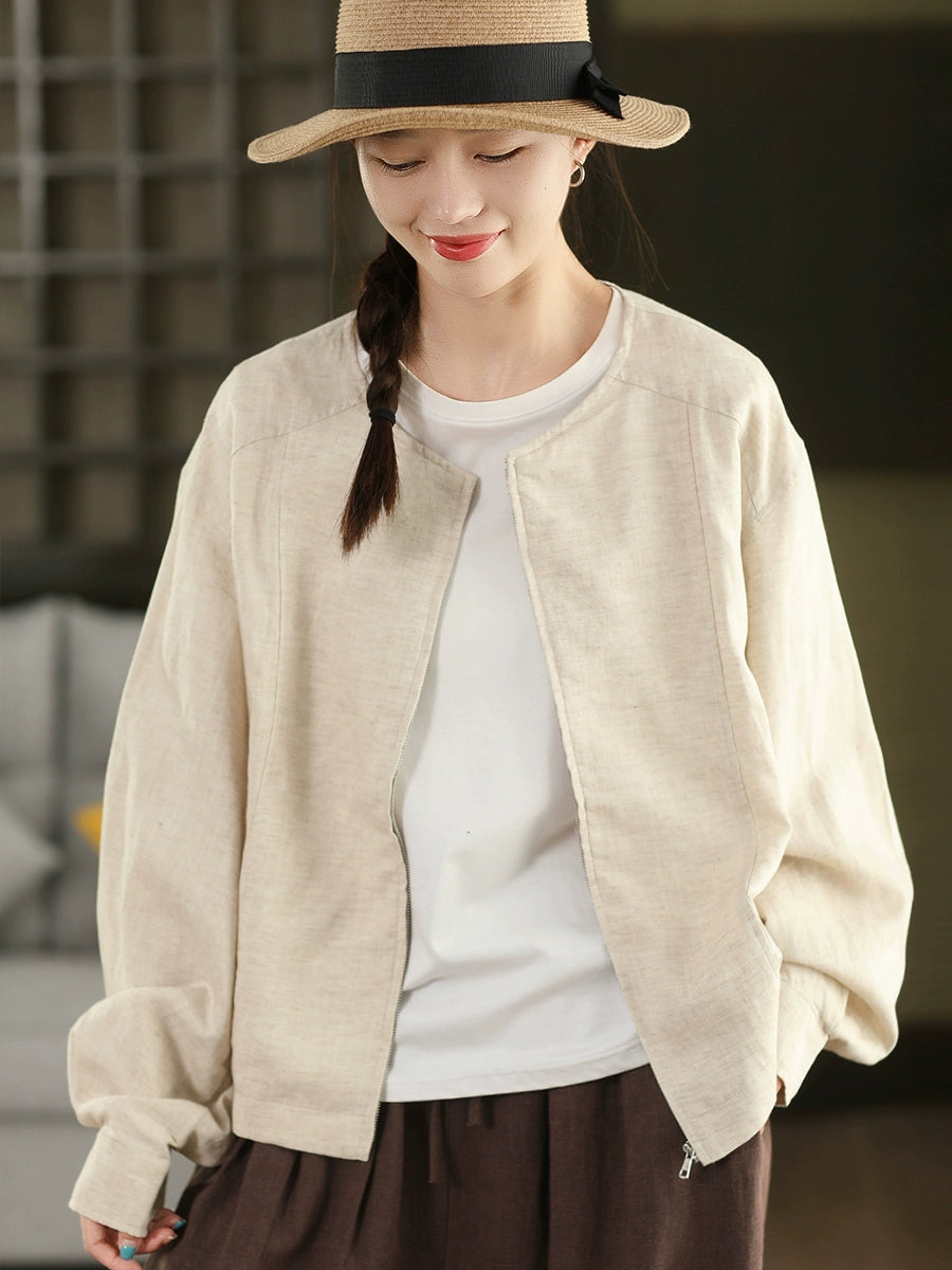 Women Retro Linen Round Neck Zipper Solid Color Jacket