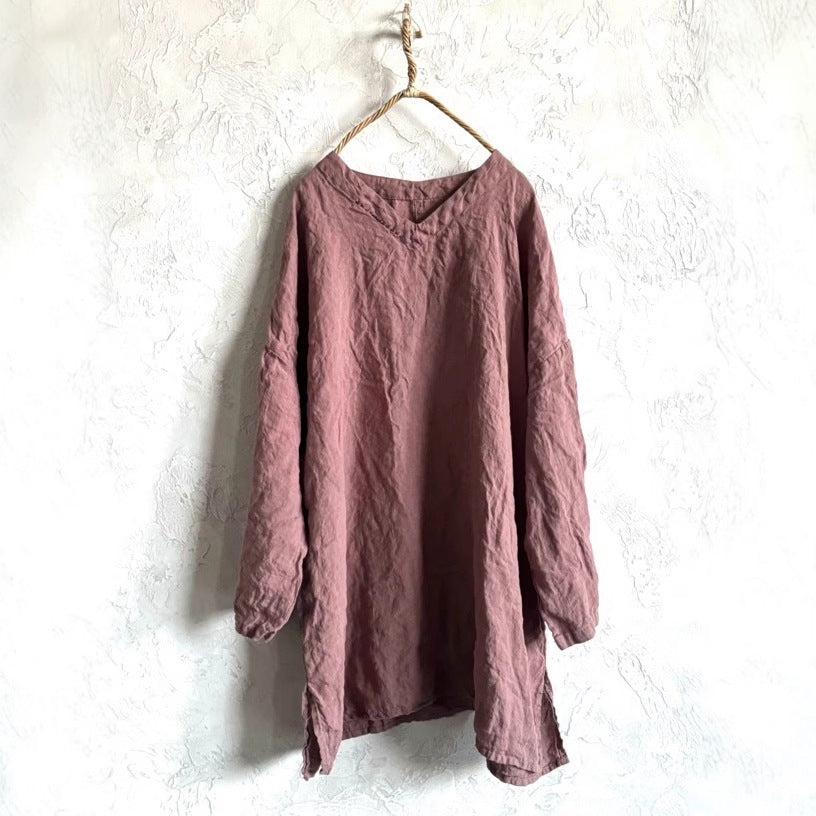 Women Comfy Solid Color V-Neck Washed Loose Linen Blouse
