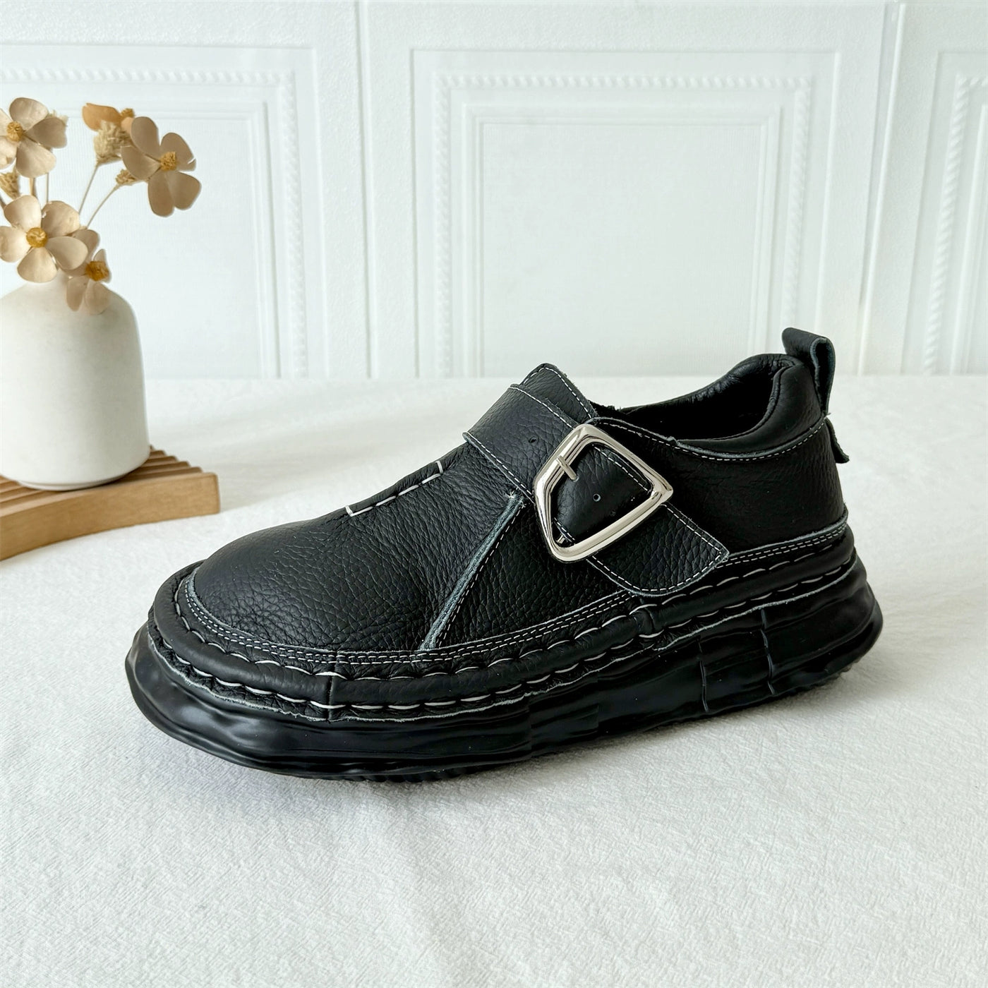 Women Casual Leather Platform Wide Toe Slip-On Shoes