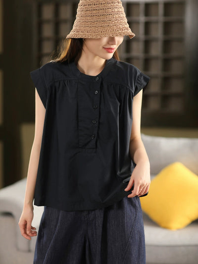 Women Summer Vintage Cotton Shirt Stand Collar Sleeveless Blouse