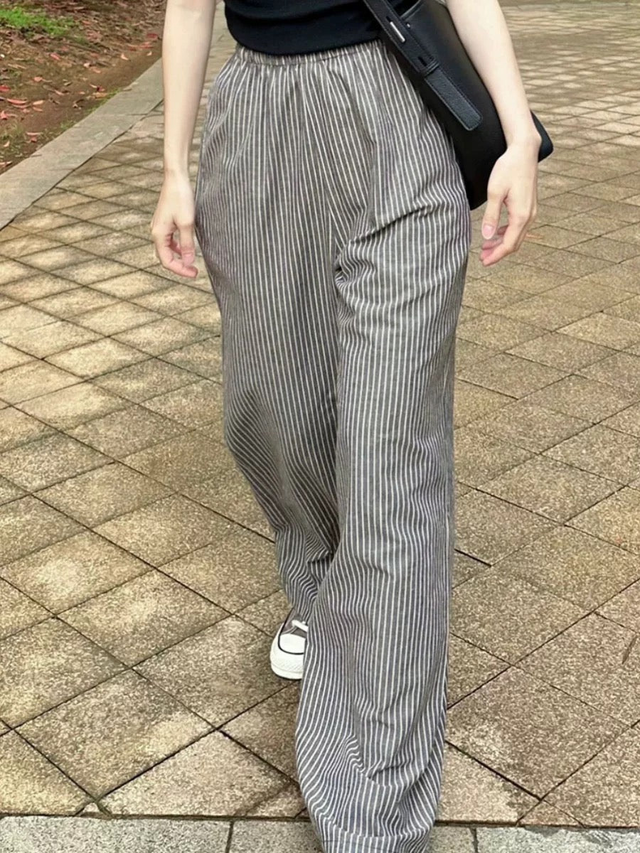 Babakud Spring Cotton Linen Gray Striped Straight-Leg Casual Pants