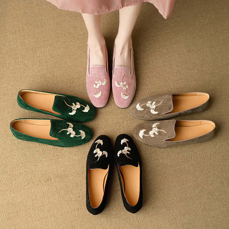 Women Spring Retro Embroidered Suede Loafers with Flat Sole