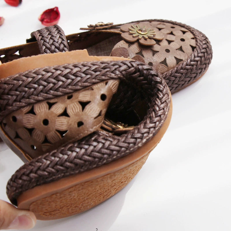 Summer Retro Hollow Woven One Straped Linen Sole Shoes