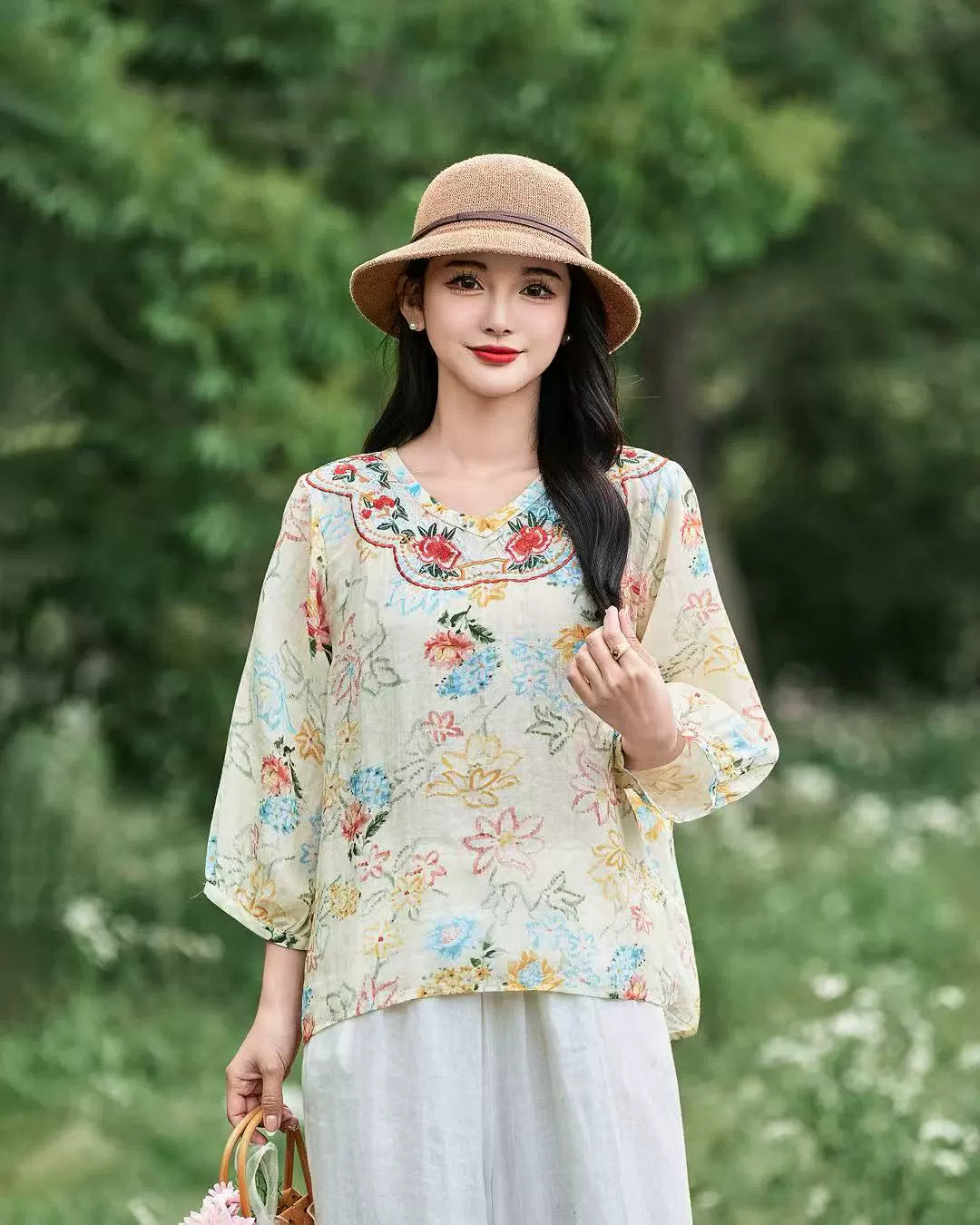 Summer Retro Ramie Floral Embroidered V-Neck Shirt