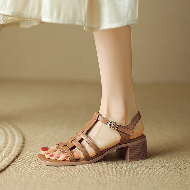 Women Vintage Top Leather Open Toe Chunky Woven Sandals